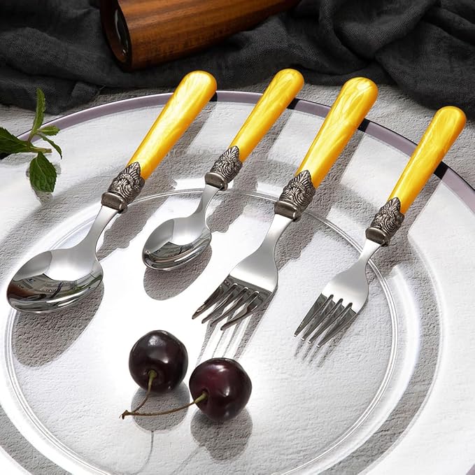 20 pieces 18/10 Stainless Steel Silverware Sets With Yellow Handle,Vintage Cutlery Sets,Sliverware set Service for 4,Dishware Safe (20, Yellow)
