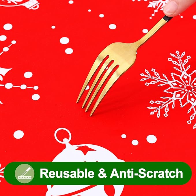 Smiry Christmas Rectangle Table Cloth, Waterproof Vinyl Tablecloth with Flannel Backing, Wipeable Bell & Snowflake Plastic Tablecloths for Christmas Table Decorations, (60"x84", White & Red)