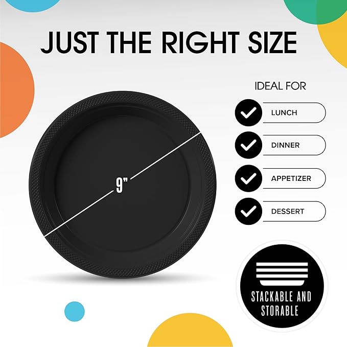 Black Plastic Plates For Party 9" Black Disposable Plates Heavy Duty 100 Pcs Plastic Dinnerware Sets Heavy Duty 350 GSM Disposable Dinnerware Set