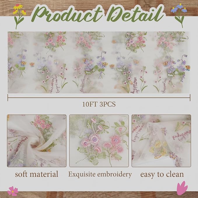 Ivory White Floral Table Runner 10ft Embroidery Tulle Spring Wildflower Table - Image 2