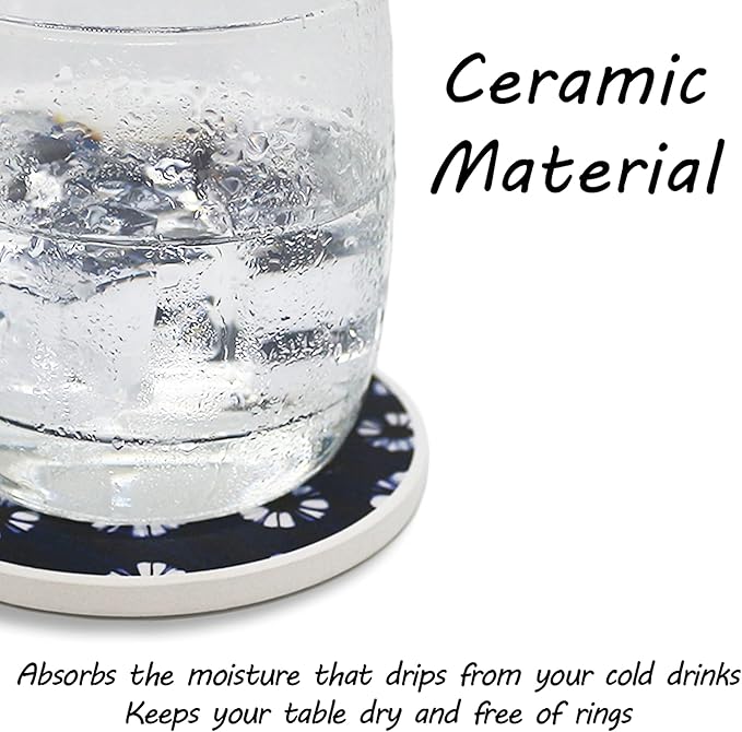 AD Set of 6 Coasters for Drinks Absorbing Round Ceramic Stone Coaster with Cork Base,Tabletop Protection Mat for Mugs and Cups,Office,Kitchen (Shibori)