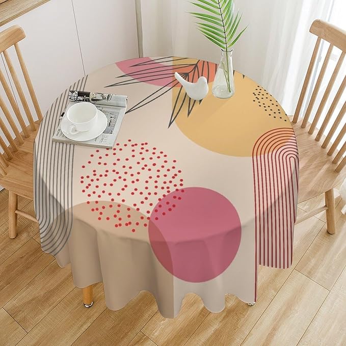 Mid Century Boho Round Tablecloth, Abstract Modern Sun Arch Curve Leaves Geometric Print Tablecloth for Home Party Dining Room Kitchen Decor 70Inch(178cm)