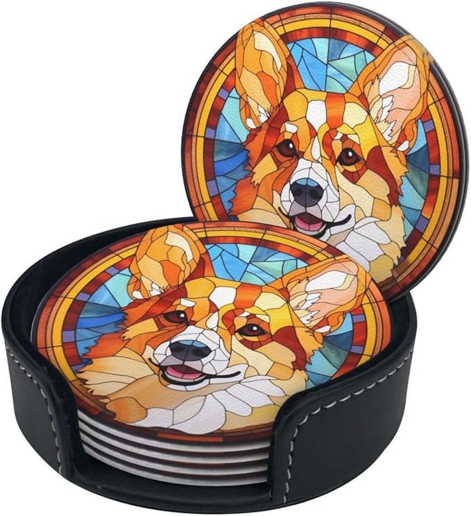 Drink Coaster Set of 6, Corgi Dog Mom Lover Gift,Leather Drink Coasters with Holder,6 Pack Cup/Bar/Drink Coasters for Table/Drinks/Coffee Protection Housewarming Gift