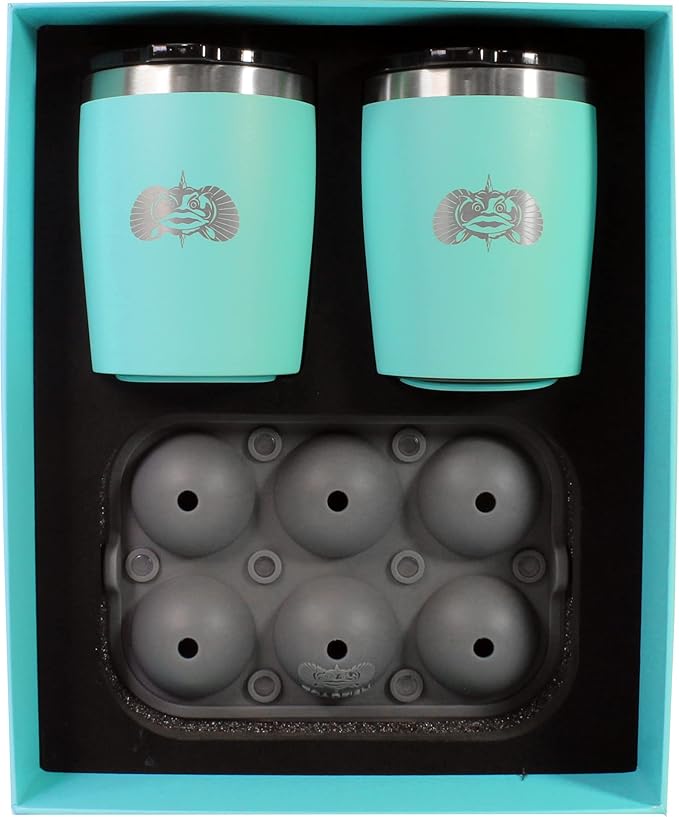 Toadfish Non-tipping 10oz Double Wall Insulated Stainless Steel Rocks Tumbler 2-Pack Gift Set w/Ice Ball Tray & Easy Slide Lid - Teal