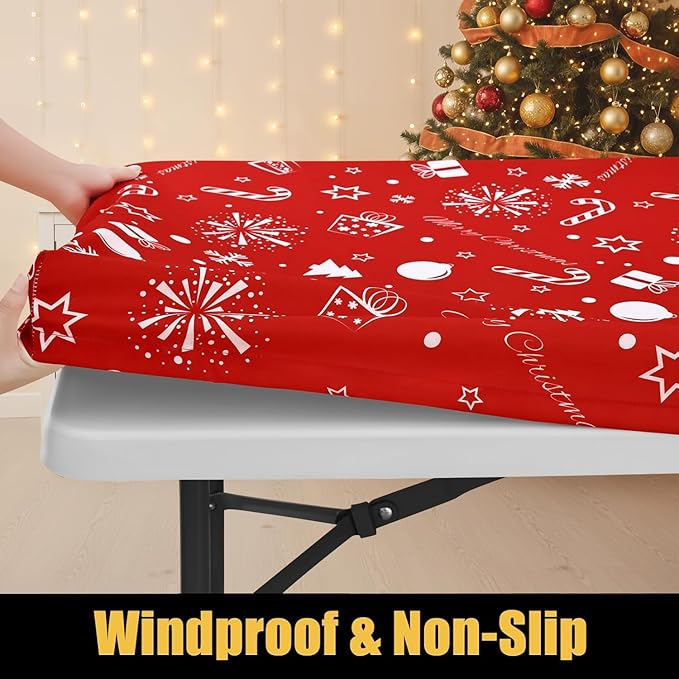Smiry Rectangle Christmas Table Cloth, Waterproof Elastic Fitted Tablecloths for 6 Foot Tables, Washable Polyester Table Cover for Christmas Dinner (Snowflower, 30"x72")