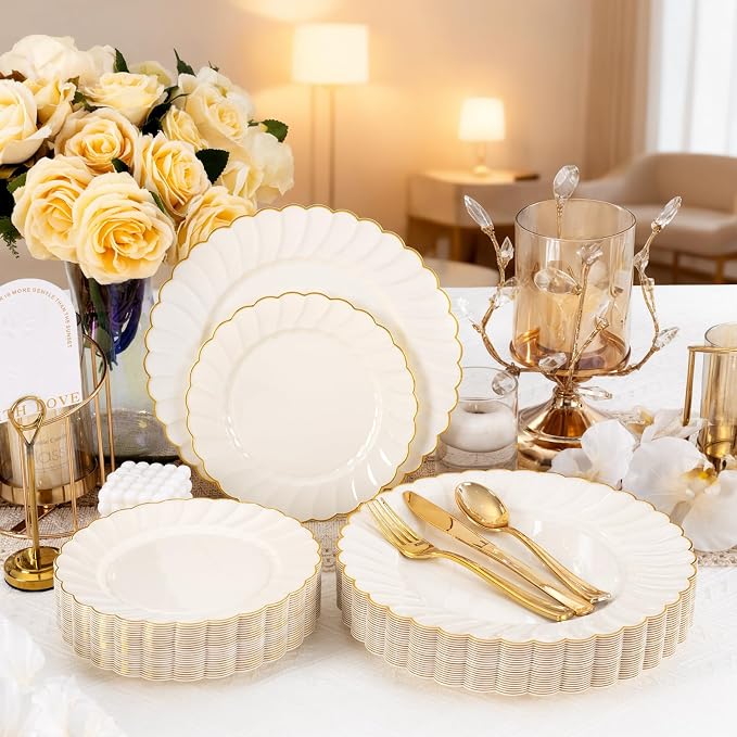 YOUBET 60PCS Ivory Scalloped Plastic Plates - Image 5