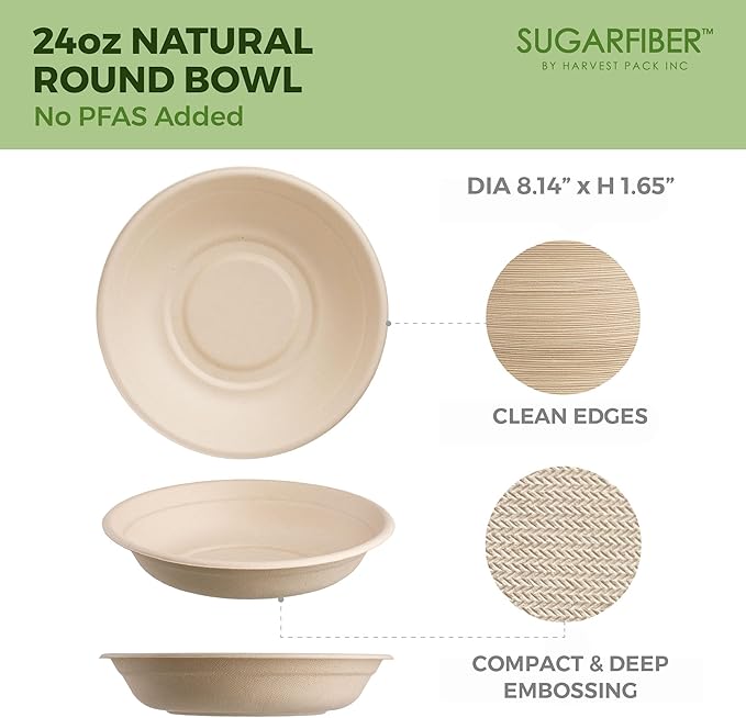 [500 COUNT]Harvest Pack PFAS FREE 24oz Compostable Bowls, Round Soup Paper Heavy-Duty Eco-Friendly Disposable Bagasse Bowl, sugarcane made plant fibers for Meal Prep