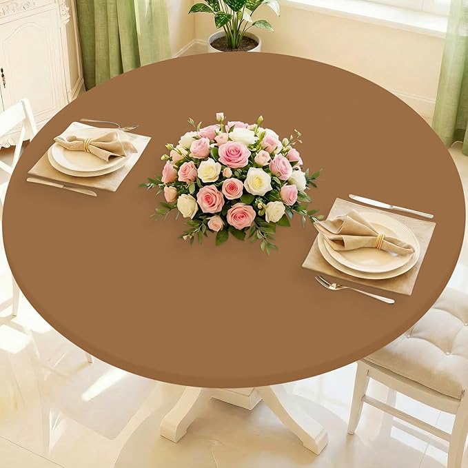 Round Spandex Tablecloth, Elastic Fitted Waterproof Tablecloths for 57"-68" Tables, Stretch Washable Picnic Table Cover for Camping, Dining, Indoor and Outdoor,Brown