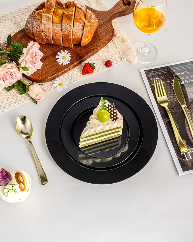 BESTVIP 100PCS Black Disposable Plastic Plates, Disposable Party Plates with 50 Dinner Plates and 50 Dessert Plates, Plastic Plates for Party, Wedding Birthday (Black, 100PCS)