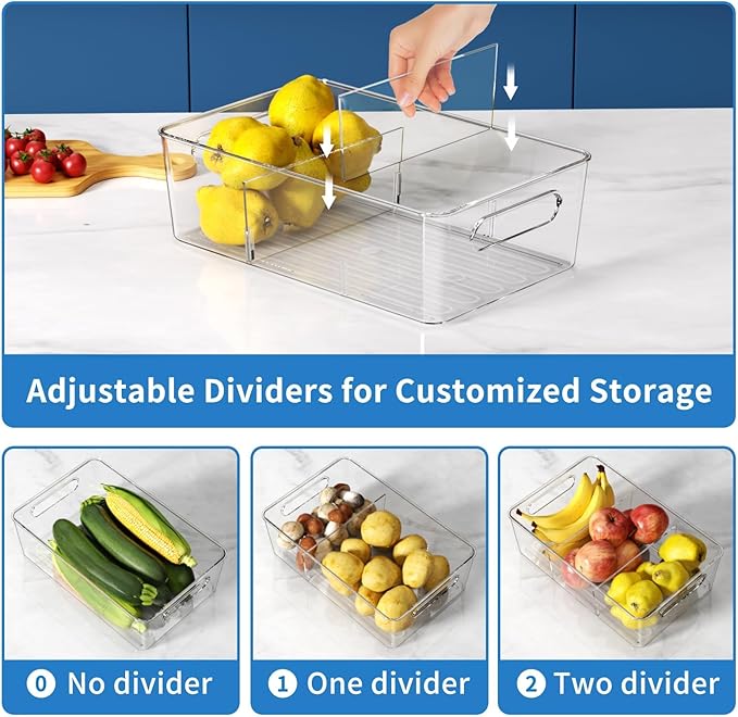 Pantry Organizers and Storage, 4 Pack Snack Organizer for Pantry Shelf,Food Storage Bins with Divider,Clear Containers for Organizing,Transparent Plastic Basket,Refrigerator and Fridge Bins