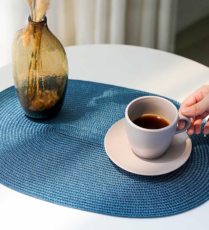 FunWheat Oval Braided Placemats Set of 4 Table Mats for Dining Tables Washable Heat Resistant Place Mats for Indoor Outdoor Use 12 x18 Inch(Oval Blue, 4pcs)