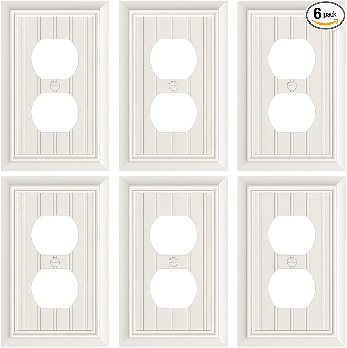 6-Pack Classic Beadboard Duplex Outlet Cover Plate, Decorative Light Almond Switch Plates and Outlet Covers, Natural Bamboo Fiber Wall Plates for Electrical Outlets, 1 Gang Receptacle Cover