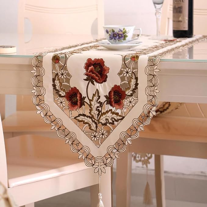 LeLehome 15" X 77" Rufous Flowers Embroidery Beige Table Runner, Floral Rose - Image 6