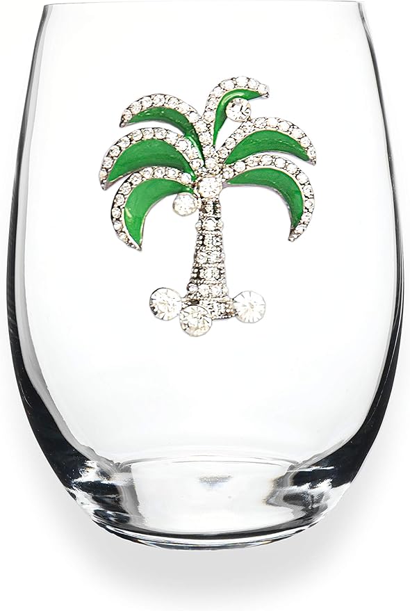 THE QUEENS' JEWELS Green Diamond Palm Tree Wine Glass (stemless), 21 oz. - Tropical Getaway with Rhinestone Glam - Hand-Decorated With Glassware - Not Painted - Dazzling and Unique