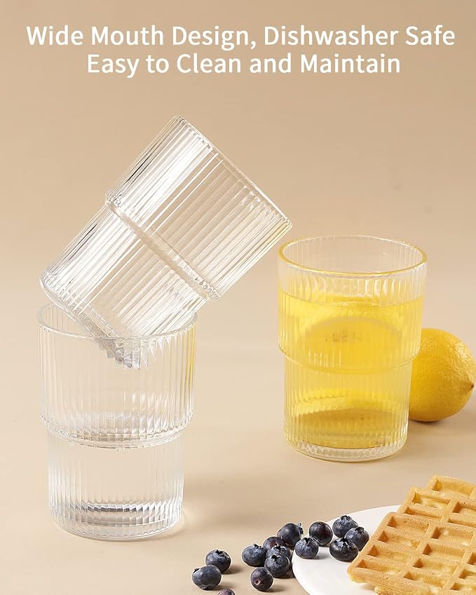 6PCS Ribbed Drinking Glasses, 14Oz Stackable Glass Cup Set - Image 4