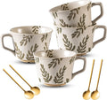 Coffee Mugs Set of 4 with Gold Spoon, 11 oz Porcelain Mug, Ceramic Tea Cups by Noevany