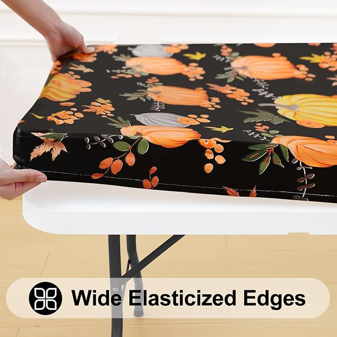 Smiry Plastic Thanksgiving Tablecloth, Pumpkin Waterproof Elastic Fitted Table Covers for 8 Foot Tables, Wipeable Flannel Backed Vinyl Tablecloths for Autumn Harvest, Parties (Black, 30x96 Inches)