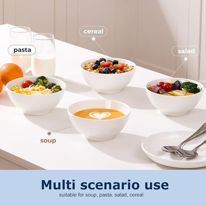 VENVENWEAVS 30 OZ White Thickened Ceramic Bowls Set of 6 Complimentary 6 Spoons - Image 4