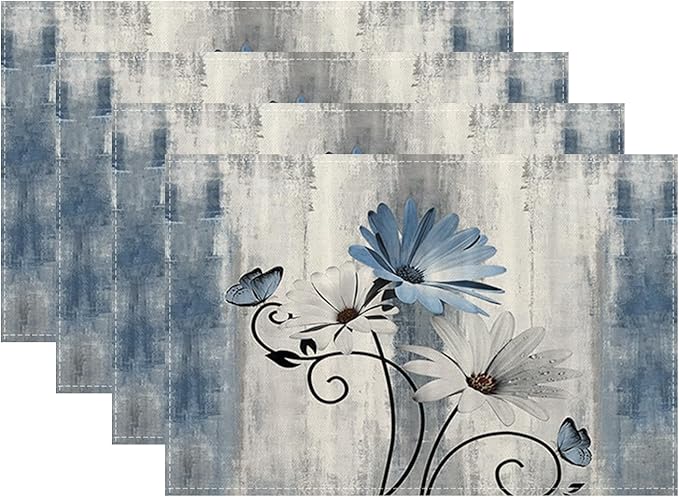 Floral Placemats Set of 4, 12x18 Inch Blue Daisy Flower Table Mats Rectangle Vintage Flowers Holiday Decorative Table Placemats for Party Home Kitchen Dining Table Indoor Outdoor Decoration