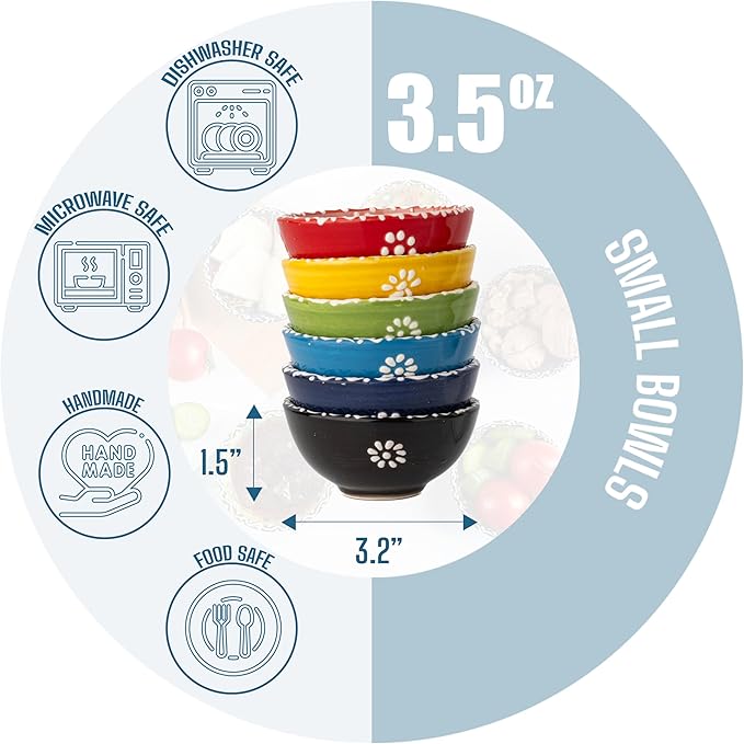 Ceramic Small Dipping Bowls Set of 6, 3.5 Oz Soy Sauce Dish, Handmade Charcuterie, Colorful Pinch, Dishwasher & Microwave Safe Sauce, 3.2'' Mini (DAISY MEDLEY)