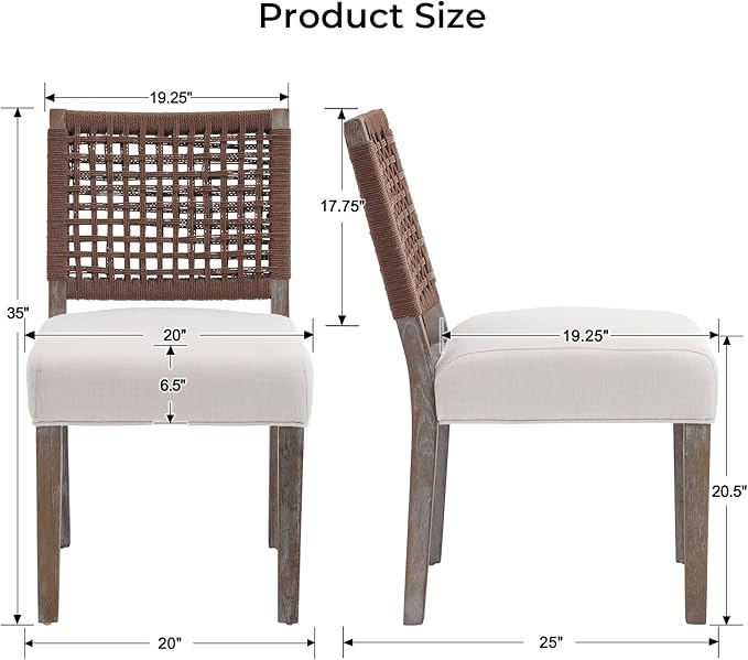 Farmhouse Dining Chairs Set of 4 Linen Fabric Upholstered Accent Side Chair, Mid Century Modern Kitchen & Dining Room Chairs with Woven Rope Back for Home, Living Room, Bedroom - Beige