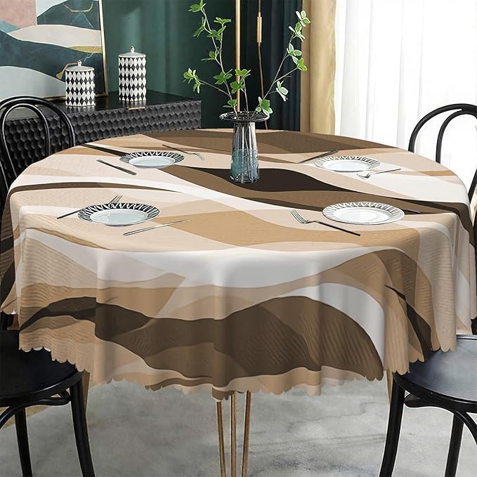 Laeacco 24 Inch Brown Modern Round Tablecloth Striped Geometric Abstract Art Print Table Cloth Washable Waterproof Wrinkle Free Table Cover for Kitchen Dining Picnic Party Decoration