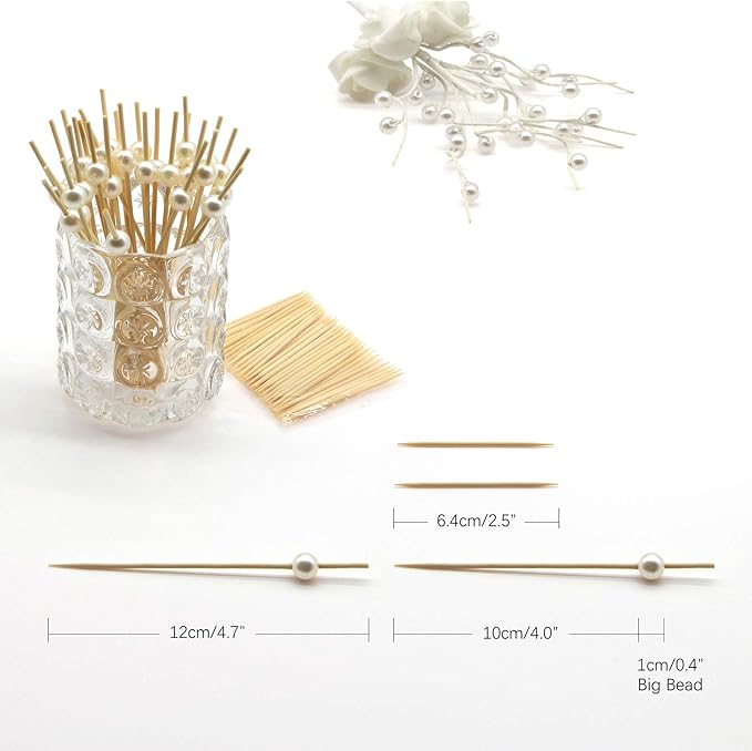 Minisland White Pearl Cocktail Picks, 4.7 Inch Long Bamboo Fancy Toothpicks for Appetizers, Decorative Christmas Bridal Wedding Party Food Drink Garnish Fruit Kabob Skewer Sticks 100 Counts - MSL152