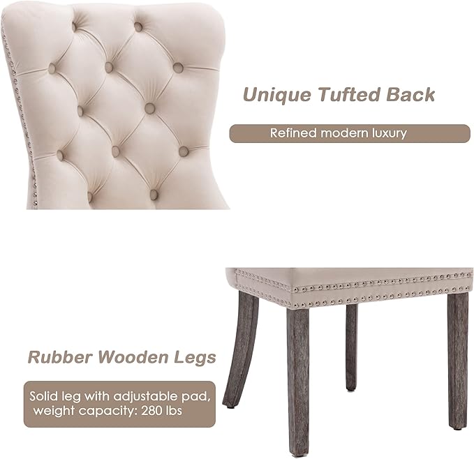 KCC Velvet Dining Chairs Set of 6, Upholstered High-end Tufted Dining Room Chair with Nailhead Back Ring Pull Trim Solid Wood Legs, Nikki Collection Modern Style for Kitchen, Beige