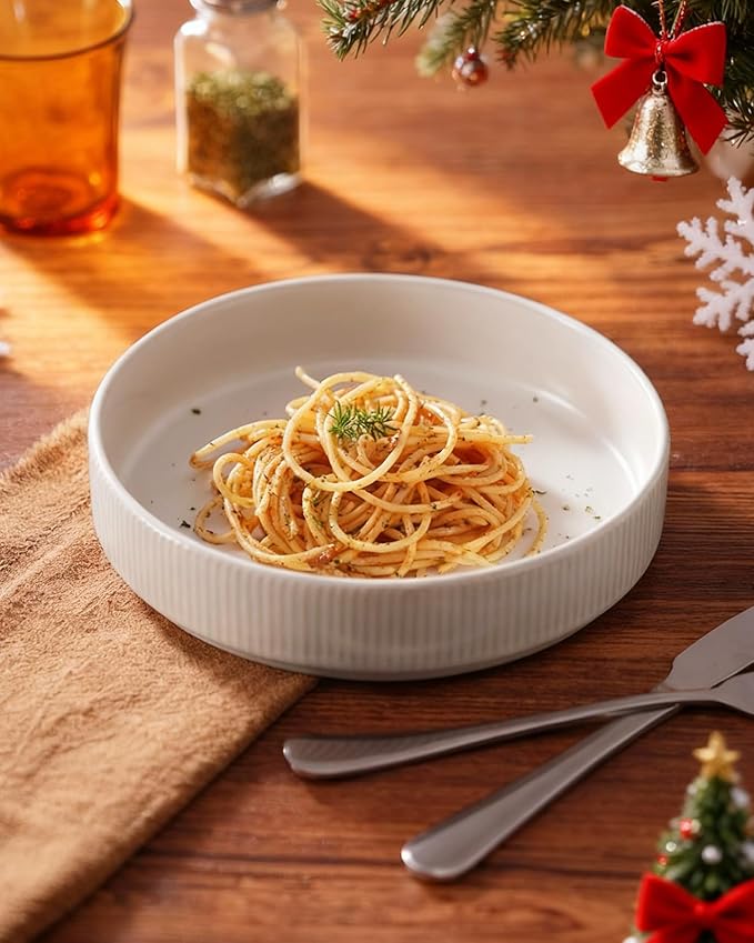 famiware Star 8.25" Pasta Bowls, Large Dinner Bowls Set of 6, Salad Bowl Plates, Shallow Bowls for Eating, Matte White (Full Glaze)