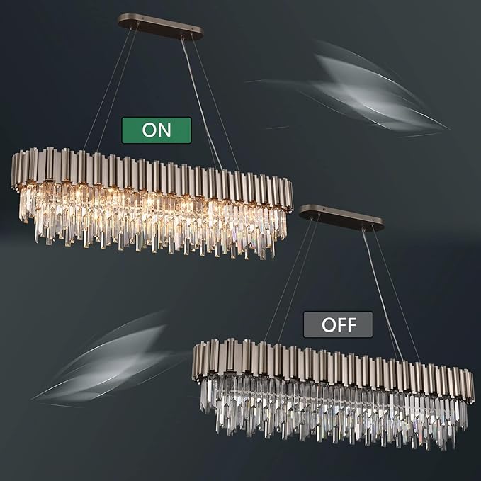 L51.2 Nickel Rectangle Crystal Chandelier for Dining Room Modern Luxury Light Fixture Linear Kitchen Island Contemporary Pendant Ceiling Light Oval Raindrop Chandelier Lighting 19-Light