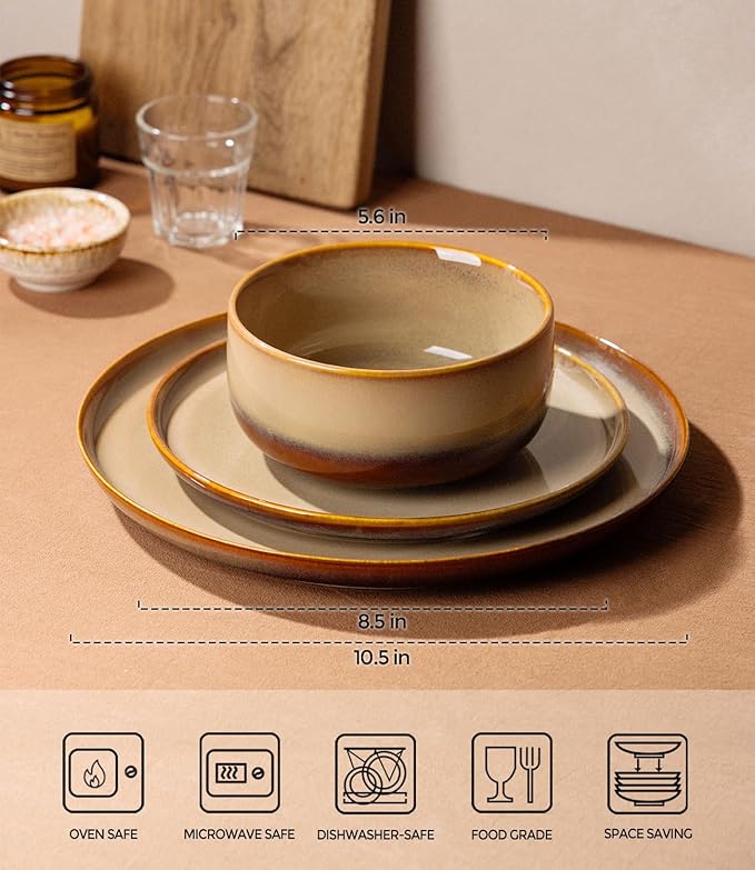 TheTerra Ceramic Dinnerware Sets for 4, 12 Pieces Handmade Reactive Glaze Plates and Bowls Set, Scratch Resistant Dish Set, Oven & Microwave & Dishwasher Safe, Creamy Amber