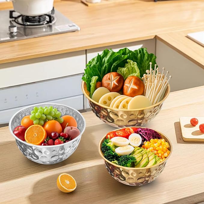 5-Piece Stainless Steel Mixing Bowls Set, Metal Hammered Gold Mixing Bowls for Kitchen, Cooking, Baking, Salad Prep, Food Storage, Reusable Nesting Design, 1.6-4.9 QT Capacity, Dishwasher Safe