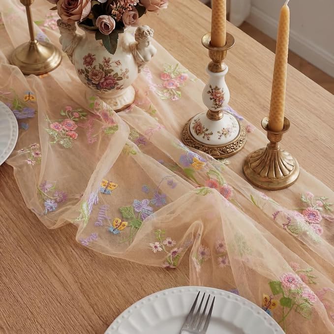 Champagne Floral Table Runner 10ft Embroidery Tulle Spring Wildflower Gauze - Image 4