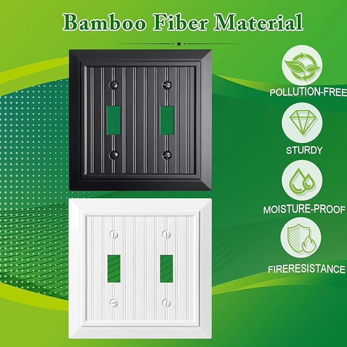 Beadboard Outlet Covers Wall Plates, Bamboo Fiber Light Switch Covers, Natural Material Electric Receptacle Decorative Switch Plate Outlet Cover Matte Black (2 Gang Toggle 2 Pack)