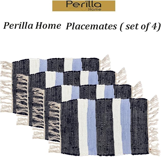 Perilla Home Placemat Set of 4 - Cotton Linen Blend Square Placemats - Farmhouse Rustic Woven Bohemian Machine Washable Table Mats with Tassels for Dining Table Decor (Dark Blue Sky Blue & White)