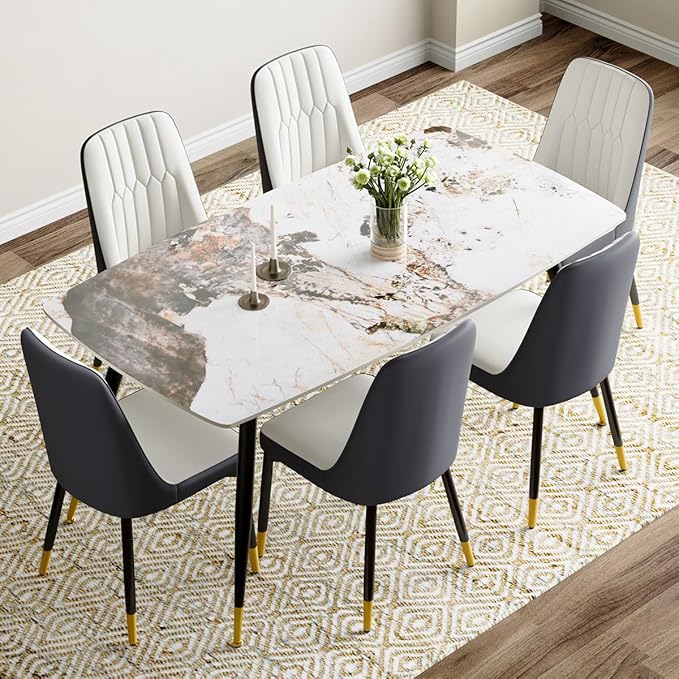 6 Chair Dining Table Set,6 Person Dining Table Set, Sintered Stone Kitchen Table Top and Modern Chairs Set of 6 for Kitchen Dining Room