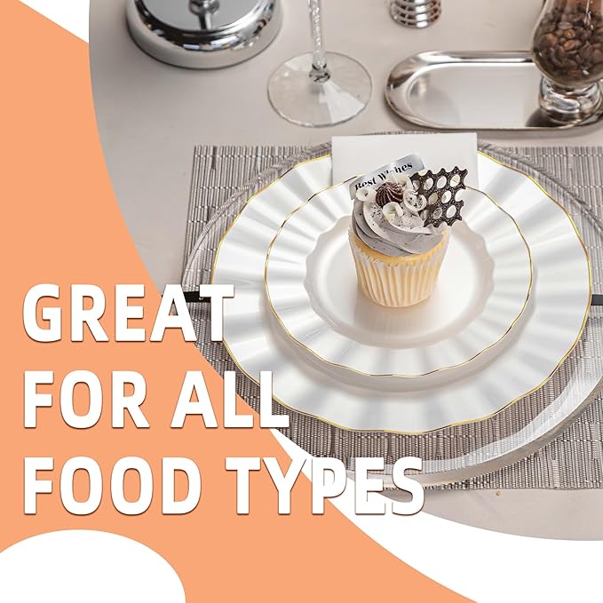 72PCS Pearl White Plastic Plates, Heavy Duty Disposable Party Plates with Gold Rim, 36 Dinner and 36 Dessert for Parties and Wedding
