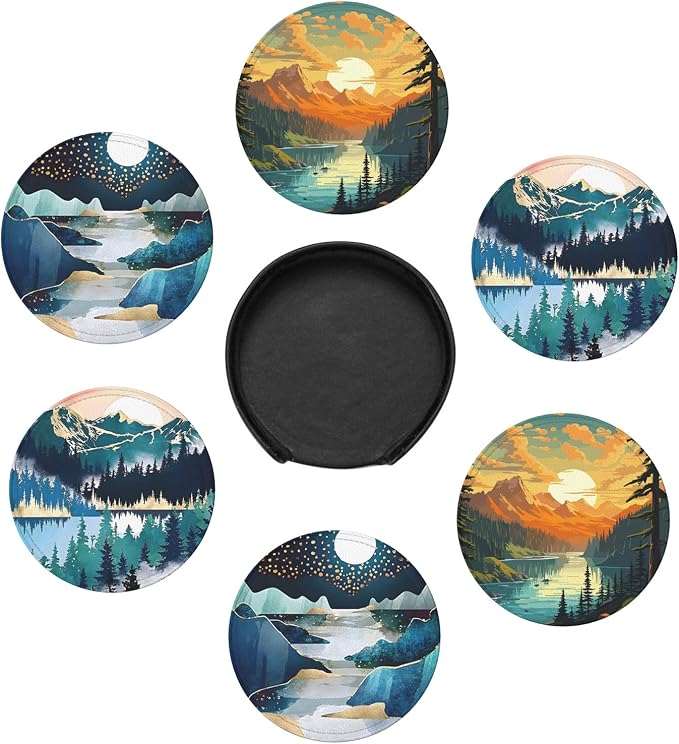 Landscape Mountain Leather Drinks Coasters - Image 2