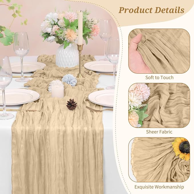 Pesonlook Cheesecloth Table Runner Beige, 20 Pack 17.7x108 inch, Long | Rustic - Image 3