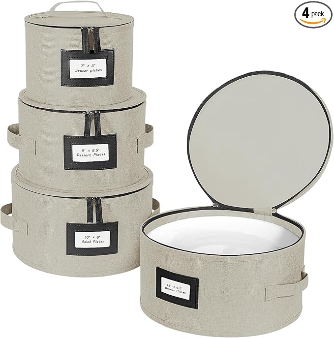 BALEINE China Storage Containers, Sturdy Quilted Wine Glass Storage, Plate Organizer with Carry Handles, Moving Boxes for Dishes, Cups, Mugs and Stemware (Plate, Hard Shell Cream)