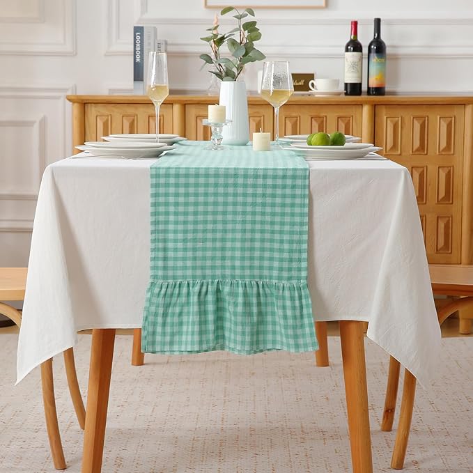 Spa Blue White Plaid Gingham Ruffle Table Runner 108 inches Long Christmas 100% by KMASANIJI