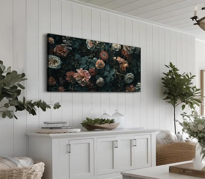 ADJUVANT Wall Art Floral 60"L x 30"W, Dark Hued Vintage Flowers With Lush Foliage Canvas Painting Elegant Blooms Artwork Retro Garden Prints Floral Wall Decor for Living Room Bedroom Study Home Office
