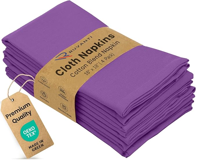Ruvanti Cloth Napkins Set of 4, 18x18 Inches Napkins Cloth Washable, Soft, Durable, Absorbent, Cotton Blend. Table Dinner Napkins Cloth for Hotel, Lunch, Restaurant, Wedding Parties - Purple