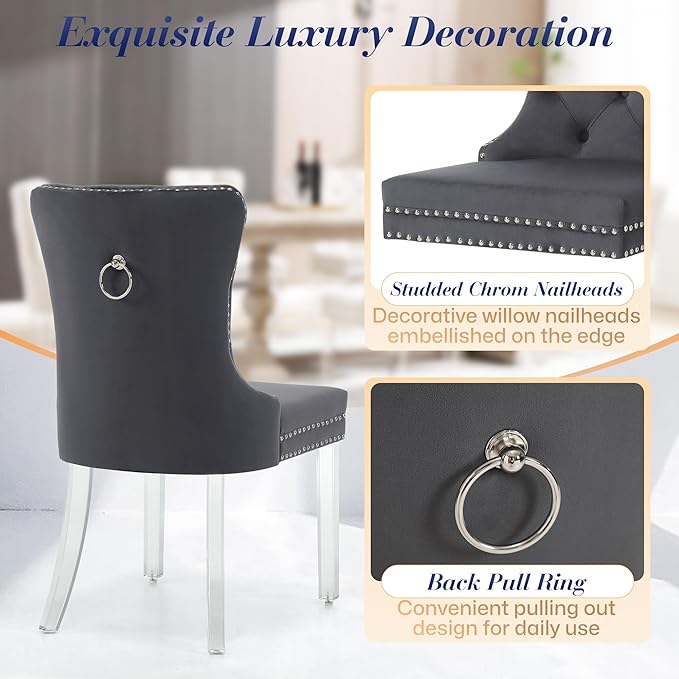 KCC Velvet Dining Chairs Set of 2, Upholstered Tufted Wingback Dining Room Chair with Nailhead Back Ring Pull Trim Solid Acrylic Legs, Contemporary Nikki Collection Style for Kitchen, Grey