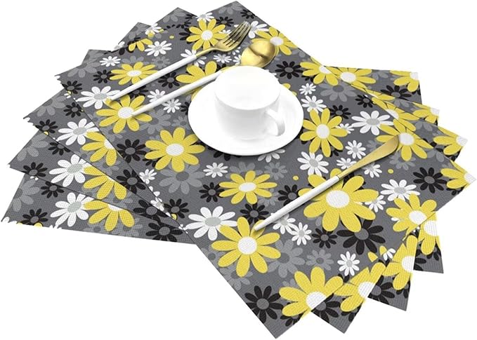 Placemats Set of 4 Vintage Daisy Place Mats Abstract White Yellow Floral Woven Table Mats Washable Black Grey PVC Placemat for Dining Kitchen Decor Indoor Outdoor, 12 x 18 Inch
