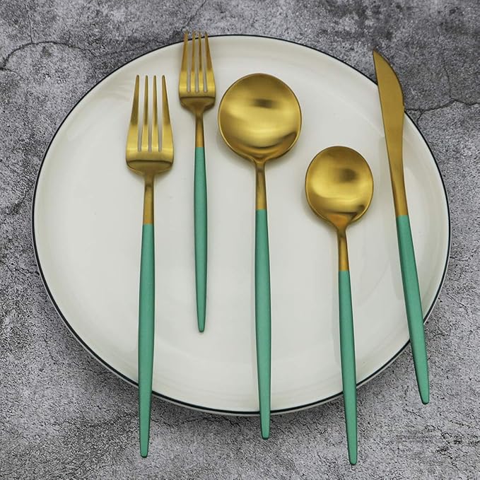 Gugrida 20-Piece 18/10 Stainless Steel Flatware Silverware, Luxury Dinnerware Set Travel Cutlery Tableware Include Knife Fork Spoon Service for 4, Dishwasher Safe (Green Handle Matte Gold)