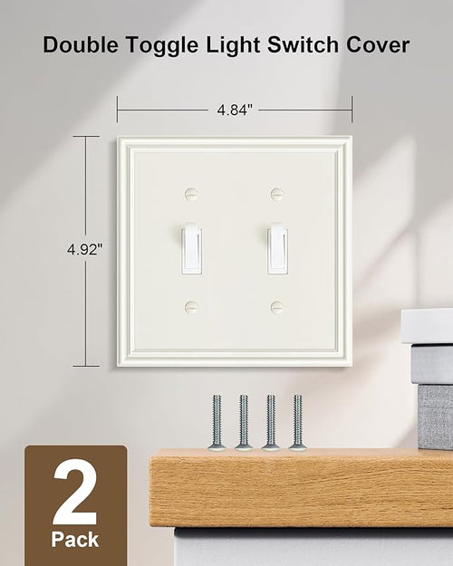 2-Pack Double Toggle Light Switch Cover Plate, Durable Solid Zinc Alloy Decorative Dual Switch Plate Covers, Light Almond 2 Gang Wall Plate, Corrosion Resistant