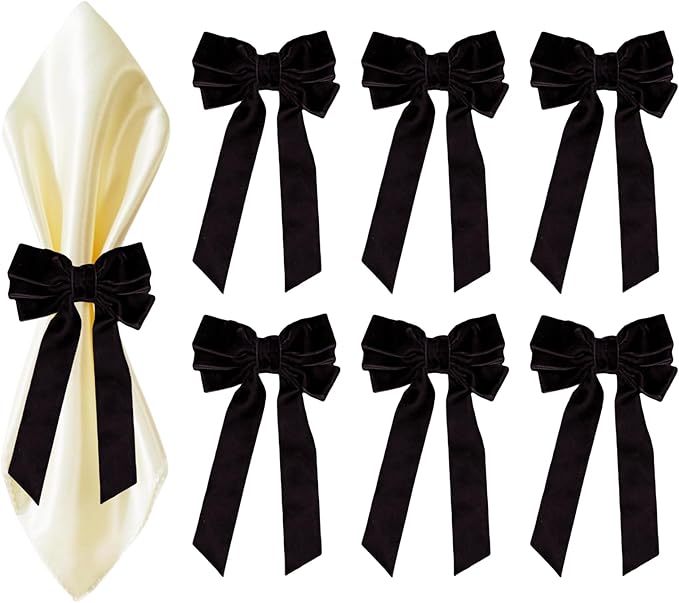 Bow Napkin Rings Set of 6 Luxury Soft Black Velvet Napkin Holders, Elegant Bow Design for Christmas Holiday Dinner Wedding Party Table Decor