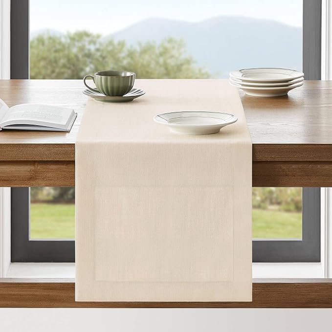 Linen Textured Border Table Runner, 14 x 36 Inch Cream | Mitered Corner Design by ZEEMARTONLINE