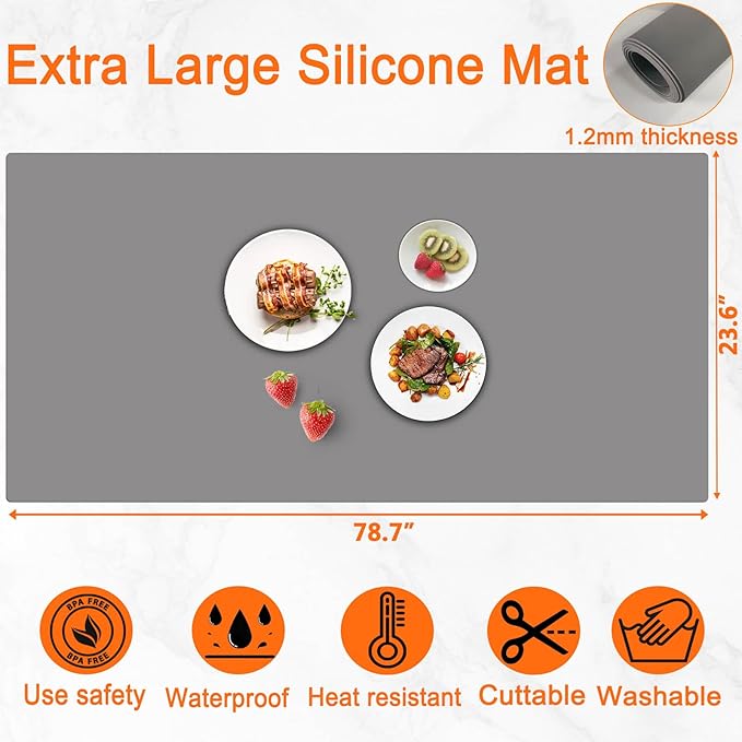 Extra Large Silicone Mat, 78.7''x23.6''(200cmx60cm) Heat Resistant Mats for Countertop, Waterproof Countertop Protector, Cuttable Kitchen Countertop Mat, Silicone Mat for Kitchen Island, Light Gray